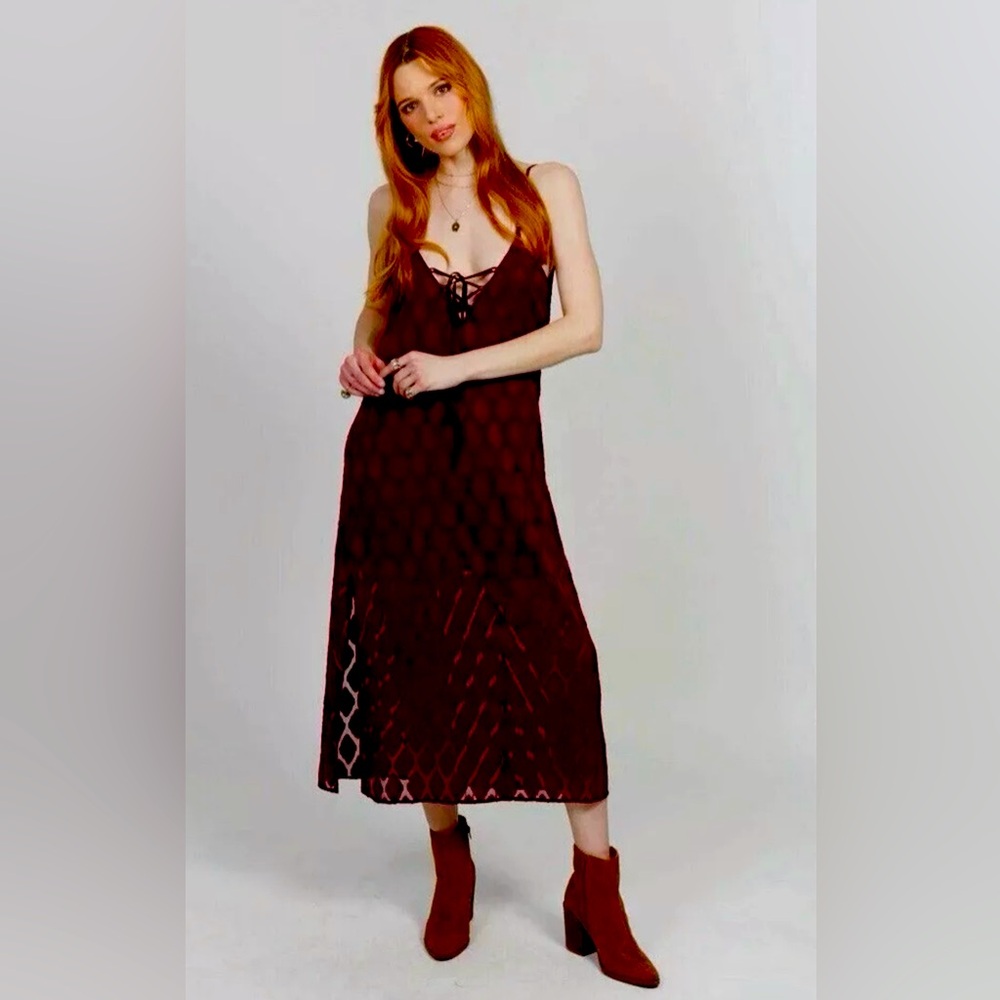 Band of the Free Lila Lace Up Midi Dress in Merlot